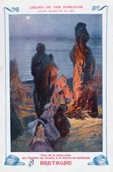 Hogueras encendidas para celebrar el solsticio de verano en Saint-Pierre-de-Quiberon, Bretaña, cartel publicitario para el Ferrocarril de Orleans, 1902